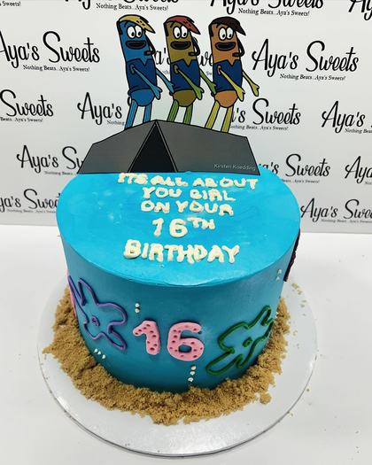 Sweet sixteen, in blue, a custom cake made by Aya's Sweets