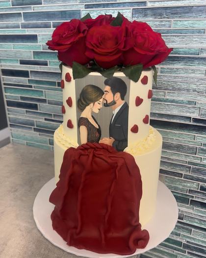Two people, one cake, a custom cake made by Aya's Sweets