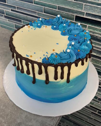 Blue ombre, chocolate drip, a custom cake made by Aya's Sweets