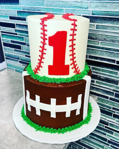 First birthday, two sports, a custom cake made by Aya's Sweets