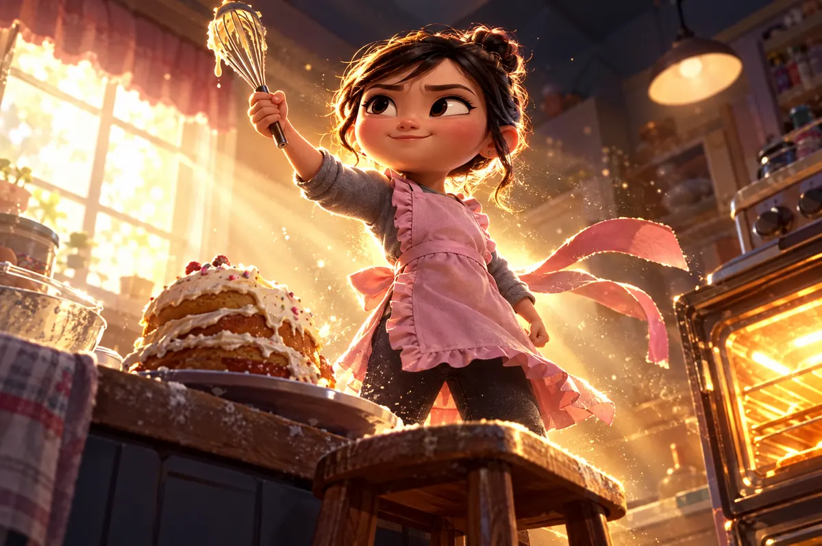 Aya at nine, drawn as an animated character, lit from behind by an open oven, apron strings streaming, holding a whisk up in one fist