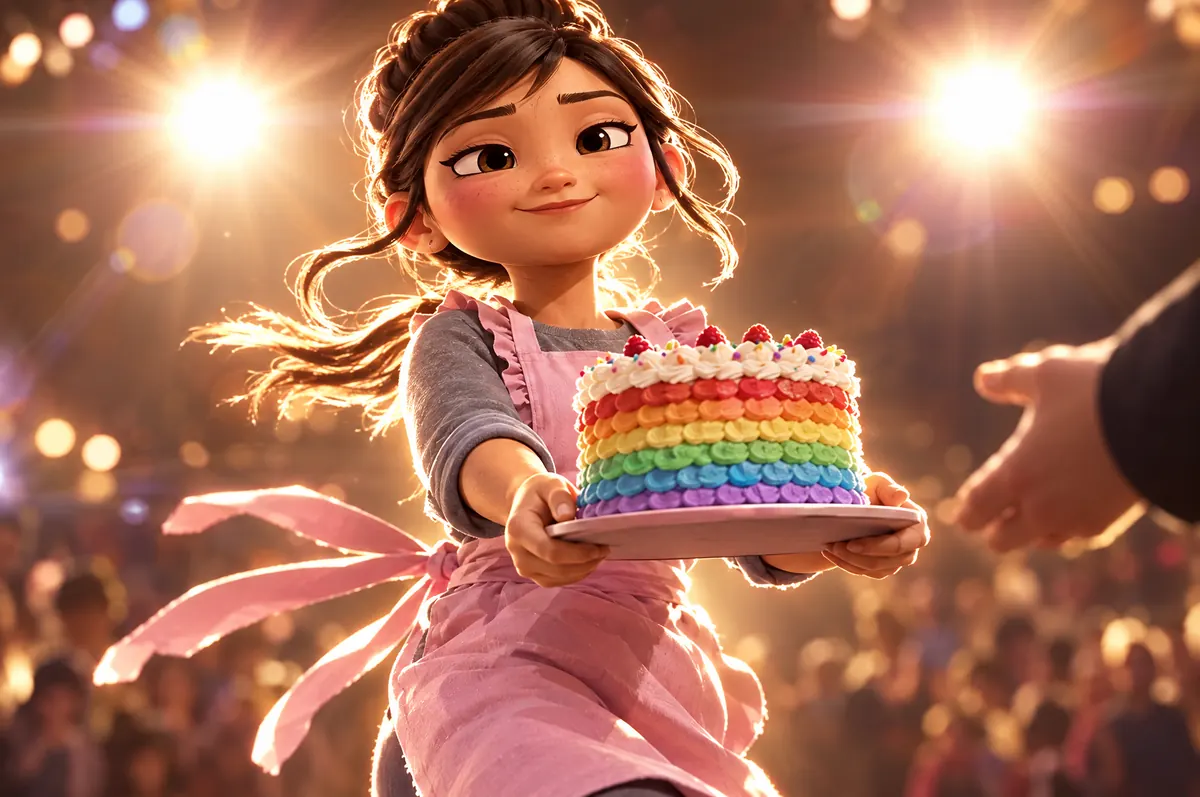 Aya at fourteen striding out of a crowd, backlit by stage lights, holding a cake out on a board
