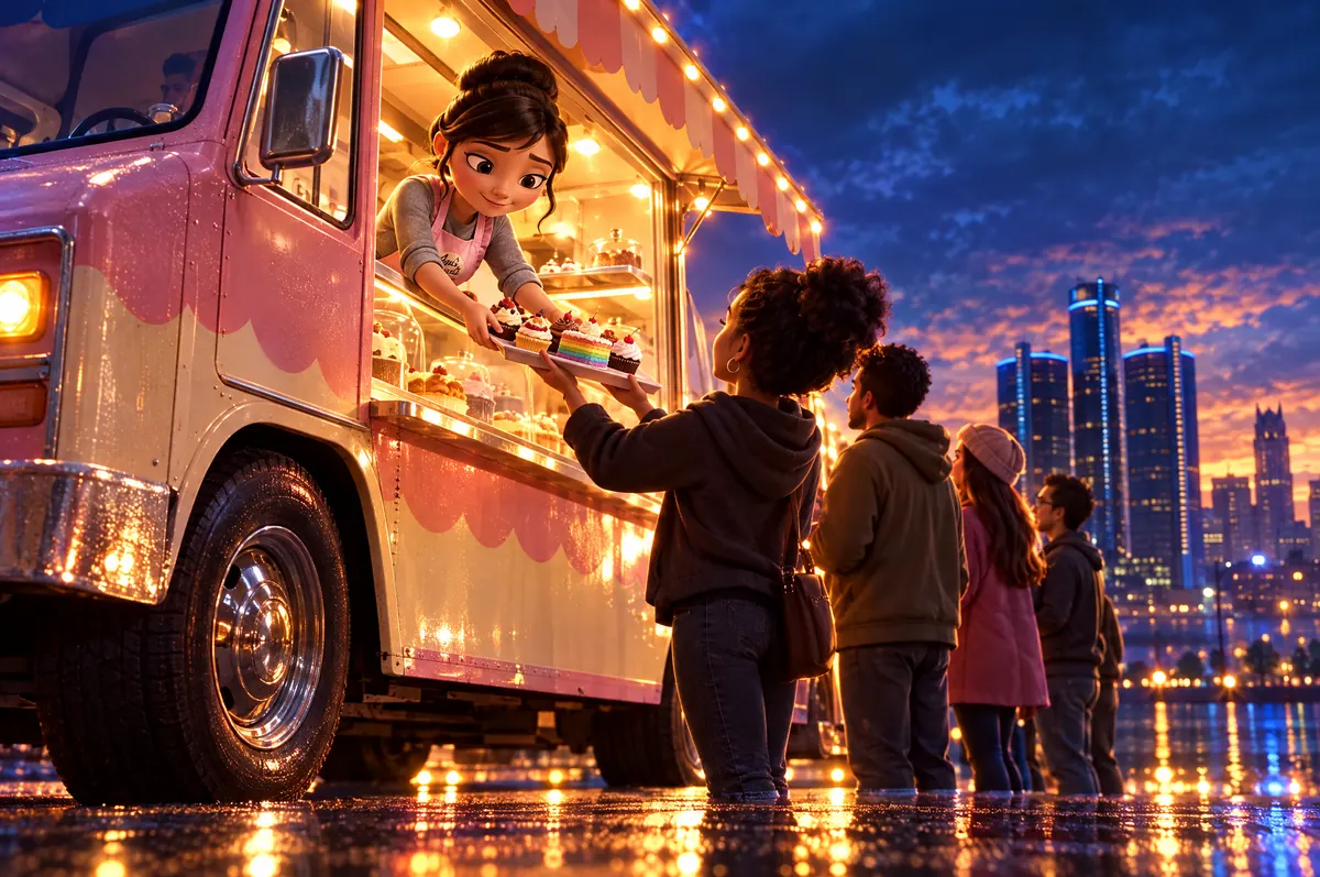 Her pink dessert food truck at dusk on a wet Detroit street, hatch open and glowing, a short queue waiting