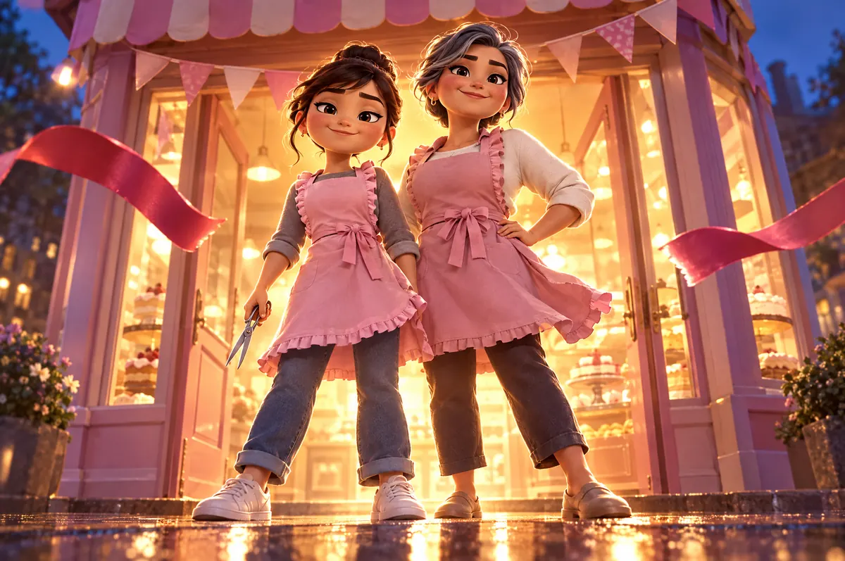 Aya and her mother standing together in the lit doorway of the new shop, a cut ribbon drifting in the air