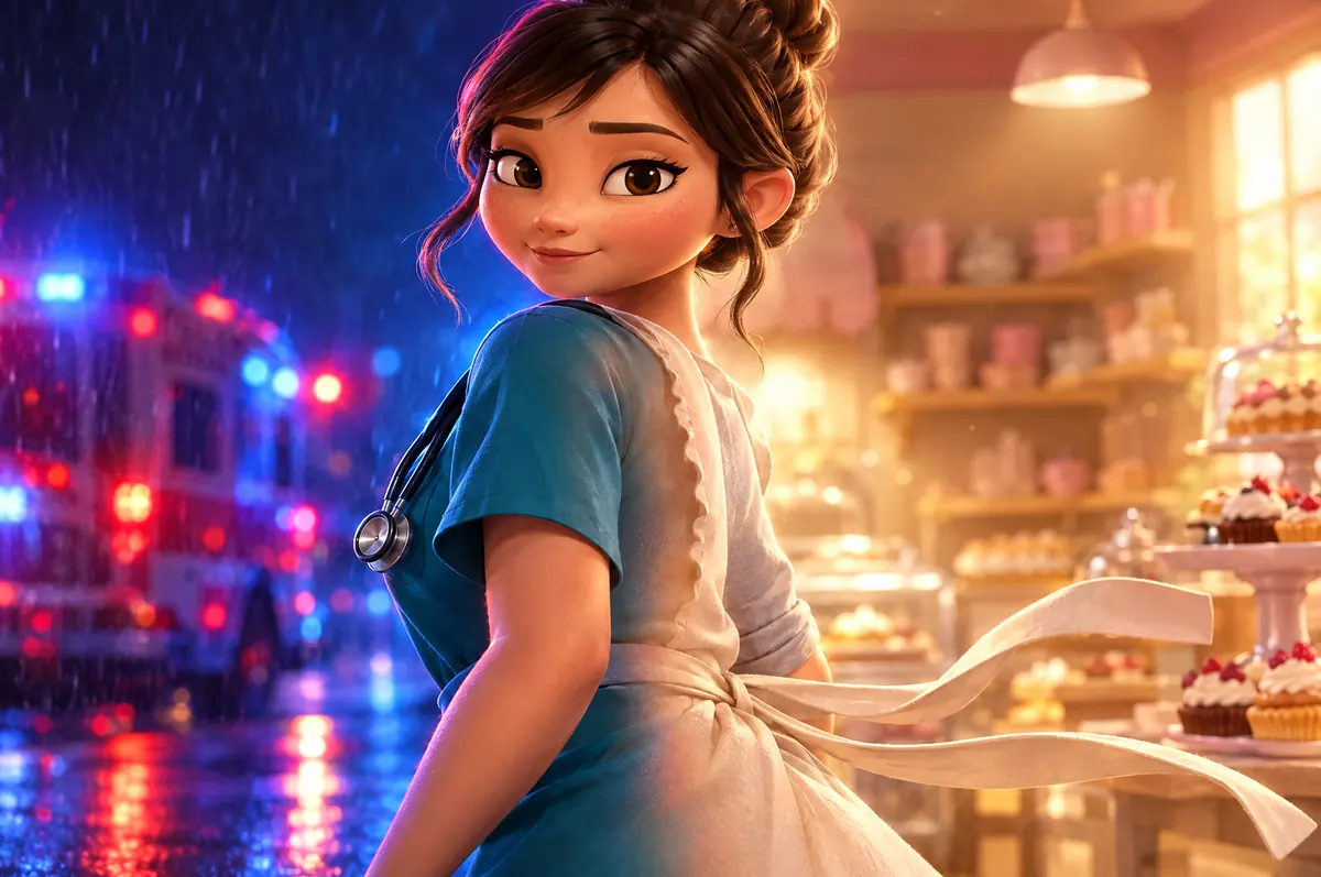 One image split down the middle: Aya in scrubs under blue emergency light on the left, and in her baking apron under gold morning light on the right